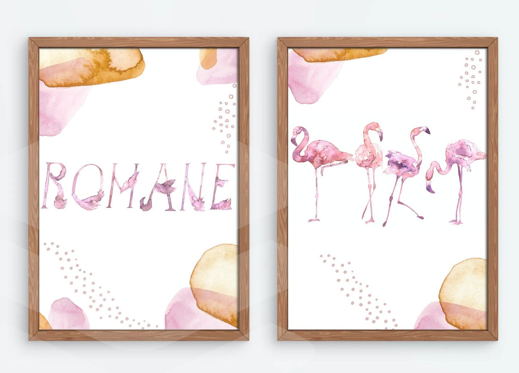 Ensemble Affiches Enfant Aquarelle Flamant Rose Personnalisable, Idée Cadeau Rose, , Affiche Animaux