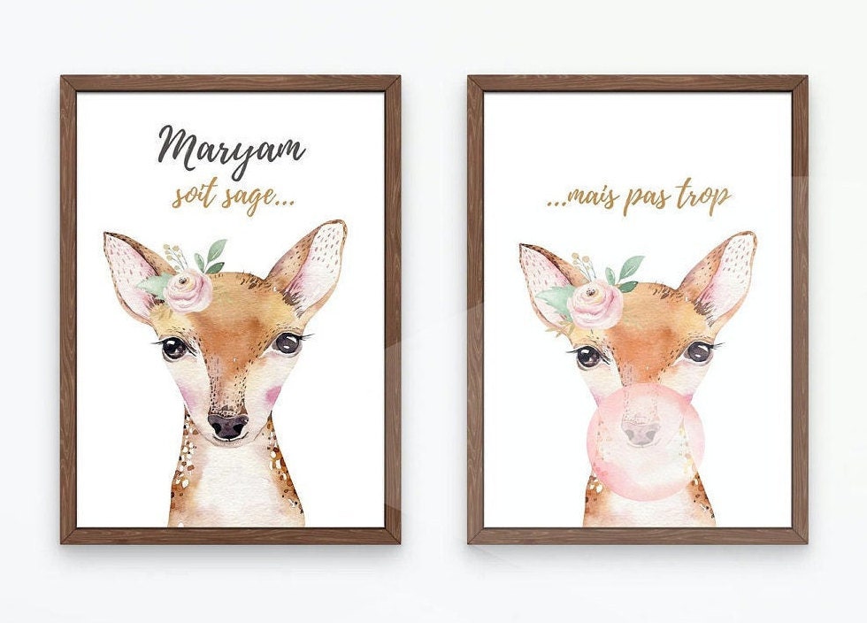 Ensemble Affiches Enfant Biche Personnalisable, Affiche Biche, Citation, Animaux, Prénom