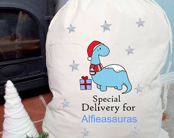 Personalised Santa Sack, Dinosaur, Custom Christmas Sack, Name Christmas Gift Bag, Christmas Gift Bag , Child’s Gift Sack, Santa Toy Bag