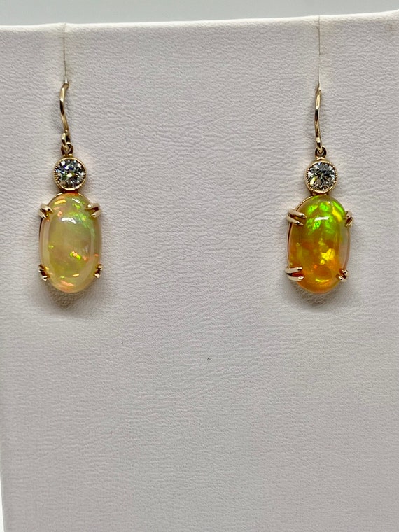 Estate 14K Yellow Gold Opal and Diamond Drop Earr… - image 1