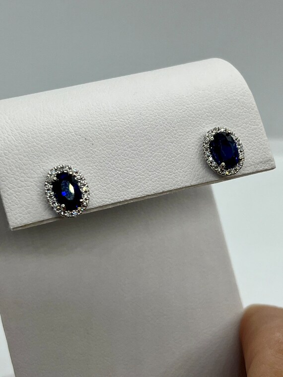 Estate 14K white gold Sapphire and Diamond earrin… - image 3