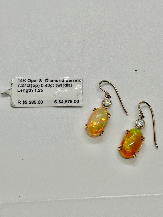 Estate 14K Yellow Gold Opal and Diamond Drop Earr… - image 4