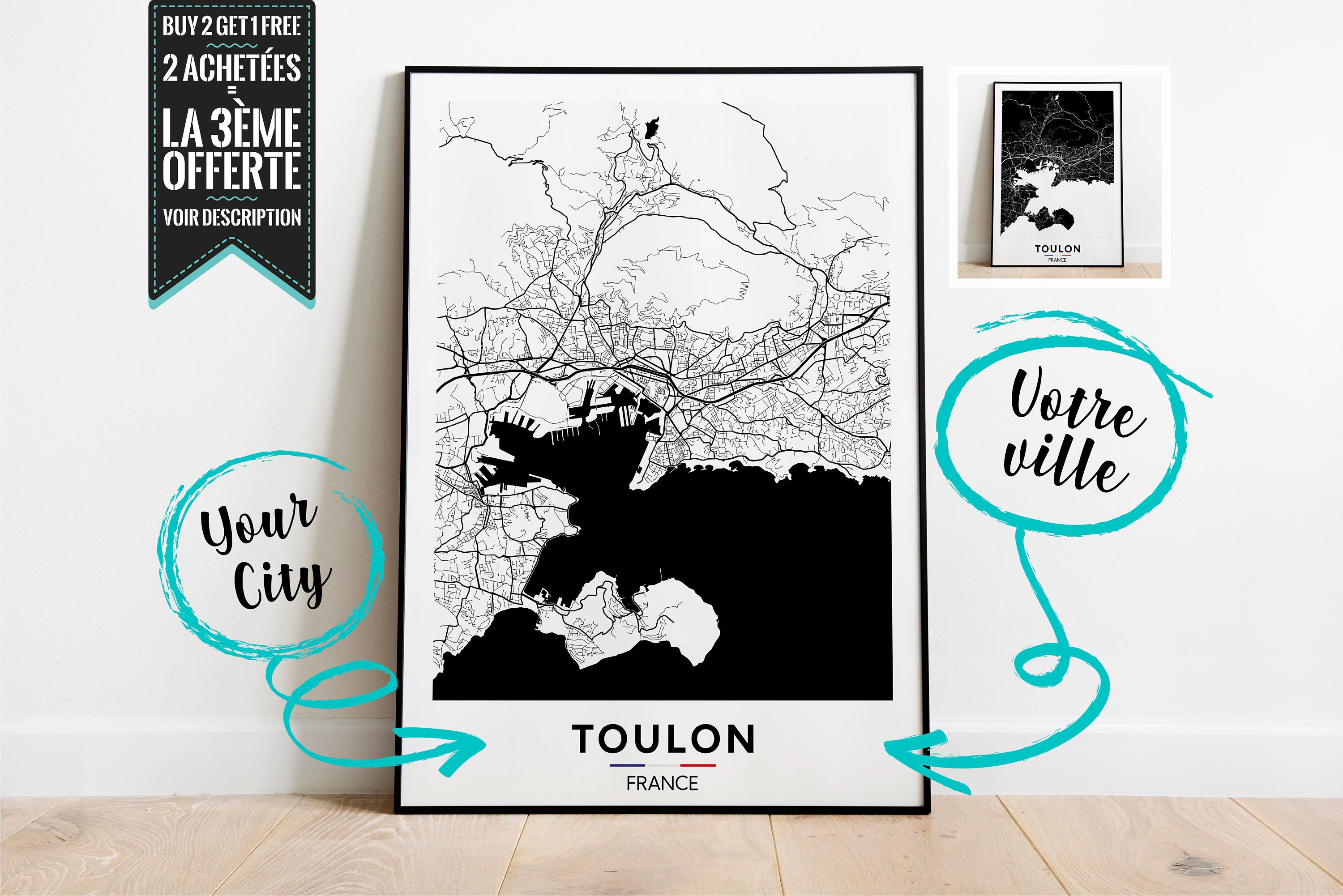 Toulon Plan de Ville Affiche Décorative - Possibilité Personnaliser avec La Ville Ton Choix