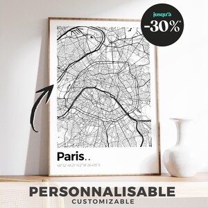 Affiche plan de Paris – Poster noir et blanc design, carte murale minimaliste de la capitale, décoration moderne et élégante de Paris