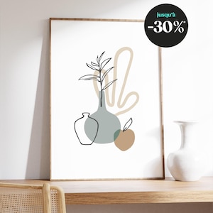 Póster de arte mural minimalista con jarrón, fruta y planta para una decoración moderna y refinada.