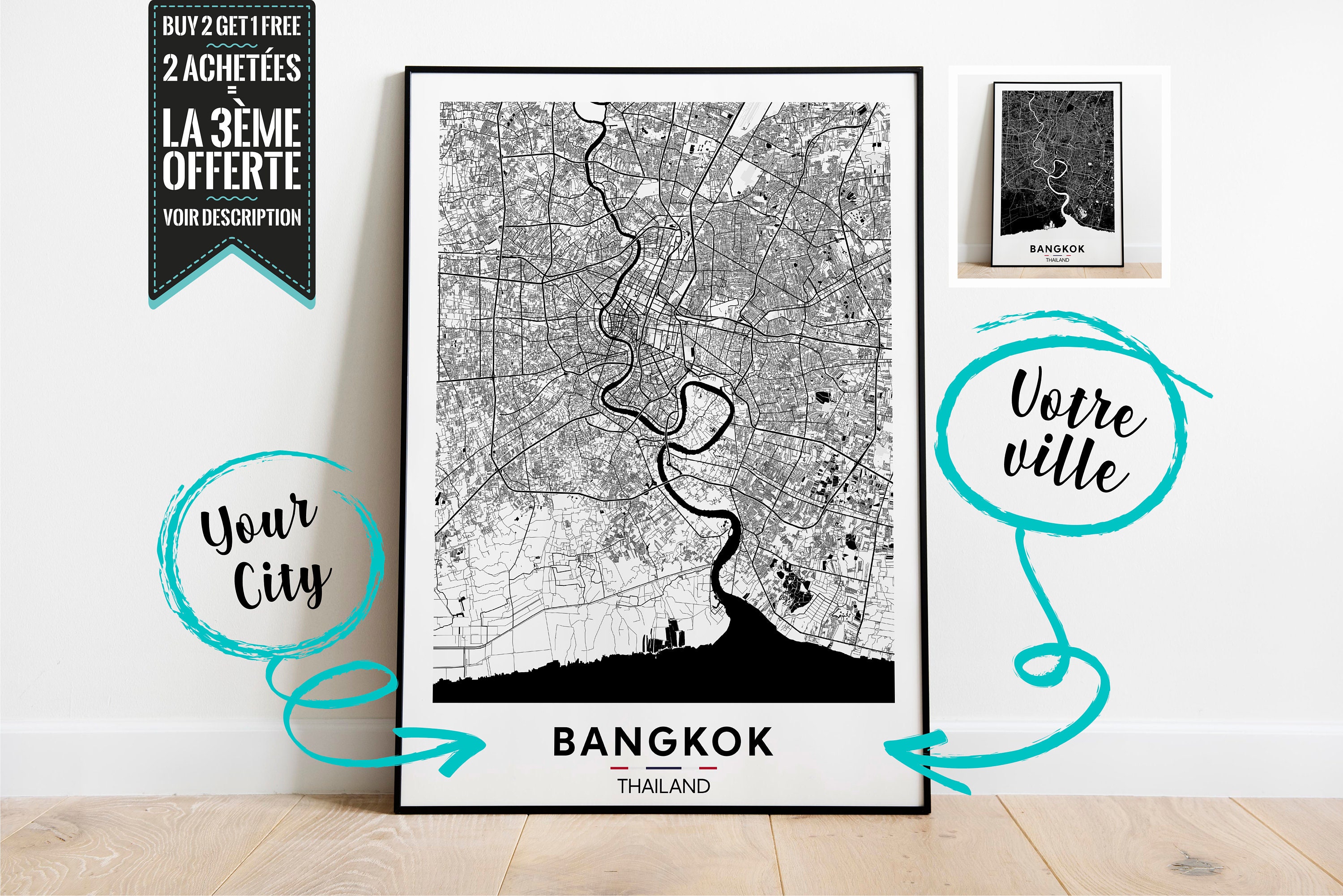 Bangkok Plan de Ville Affiche Décorative - Possibilité Personnaliser avec La Ville Ton Choix
