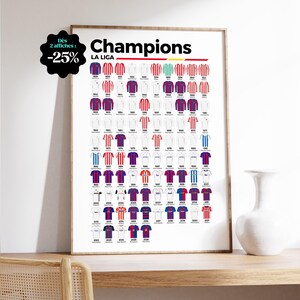 Puede incluir: Póster enmarcado que presenta una cuadrícula de camisetas de fútbol que representan a los campeones de La Liga. El póster incluye la palabra "Champions" en negro. Una pegatina en blanco y negro indica un descuento.