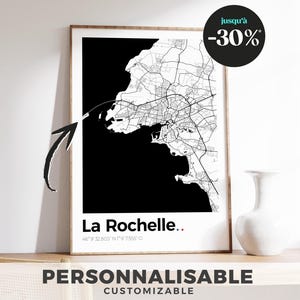 Affiche Plan de La Rochelle – Poster noir et blanc design, carte minimaliste de la ville, décoration moderne et élégante de La Rochelle