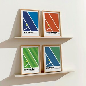 Grand Slam Tennis Poster - Illustration of the courts of Paris, Wimbledon, US Open and Australian Open Pack 4 affiches