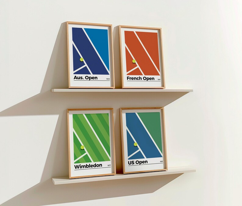Grand Slam Tennis Poster - Illustration of the courts of Paris, Wimbledon, US Open and Australian Open Pack 4 affiches