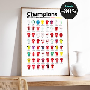 Bundesliga Champions Jerseys Poster - Evolution of the jerseys of all German champions, decoration for football fans