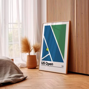 May include: A minimalist poster with a blue, green, and white geometric design representing a tennis court. The poster has the text "US Open" and "1881" printed on it.