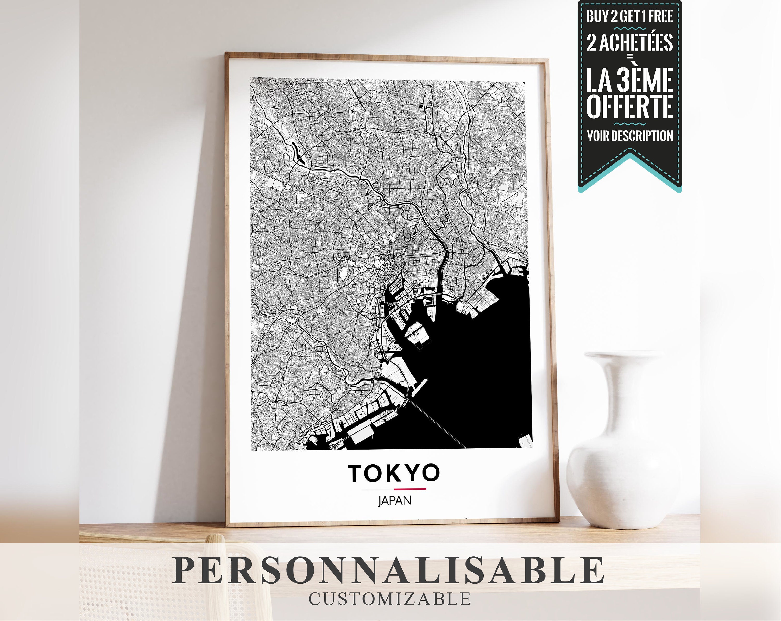 Affiche Tokyo Japon + Cadre Bois noir 21x29,7 cm