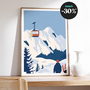 Mountain landscape poster - minimalist illustration, snow, skier and cable car, winter and mountain wall decoration