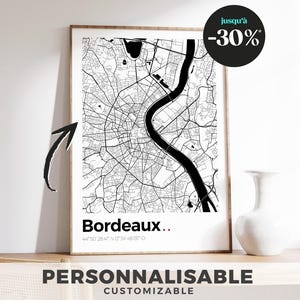 Affiche Plan de Bordeaux – Illustration détaillée des rues et quartiers emblématiques – Décoration murale élégante pour amoureux de Bordeaux