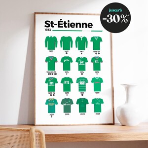 Plakat z koszulkami AS Saint-Étienne - Ewolucja strojów Zielonych na przestrzeni tytułów, ważnych sezonów, prezent dla kibiców