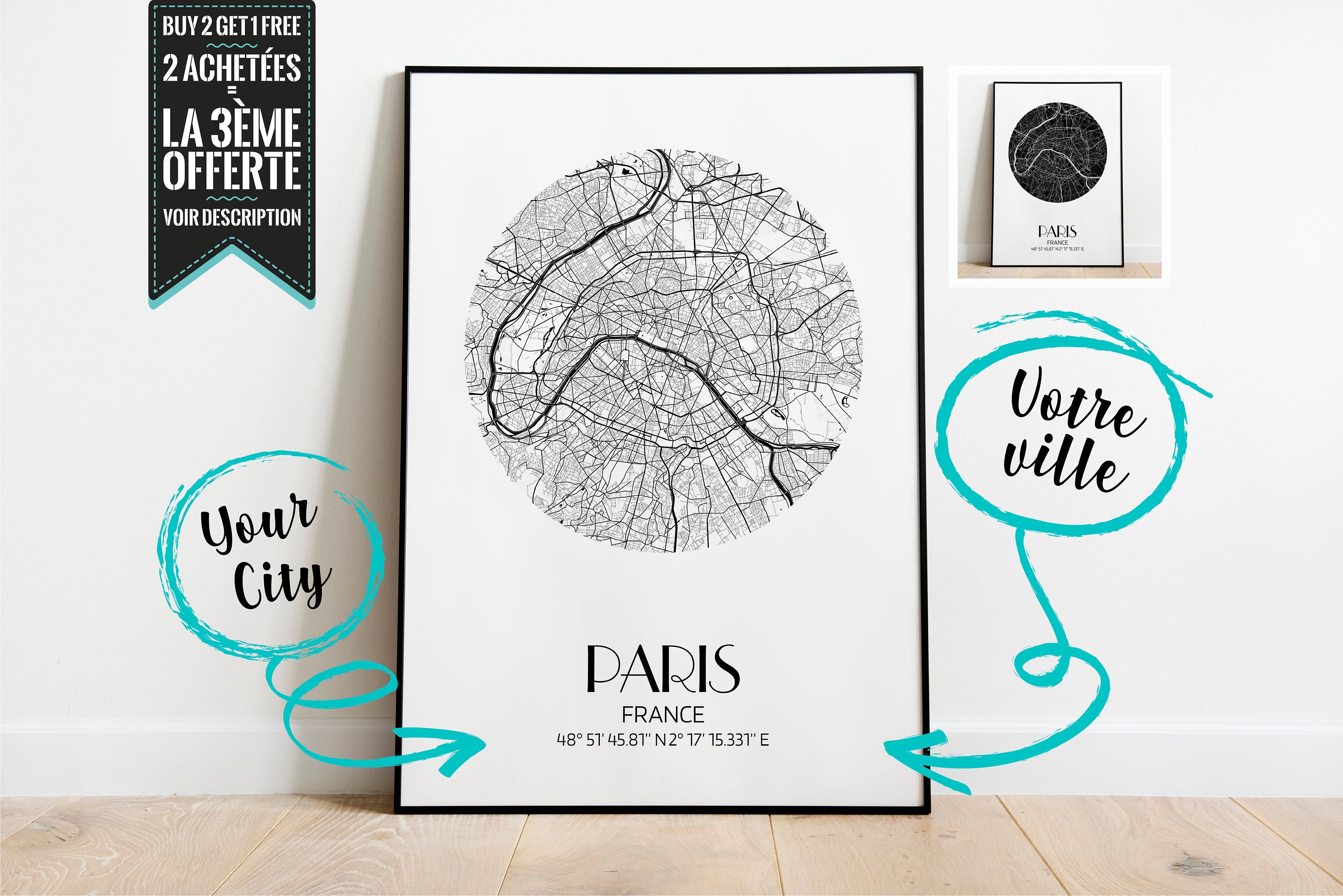 Paris Plan de Ville Affiche Décorative - Possibilité Personnaliser avec La Ville Ton Choix Format Ro
