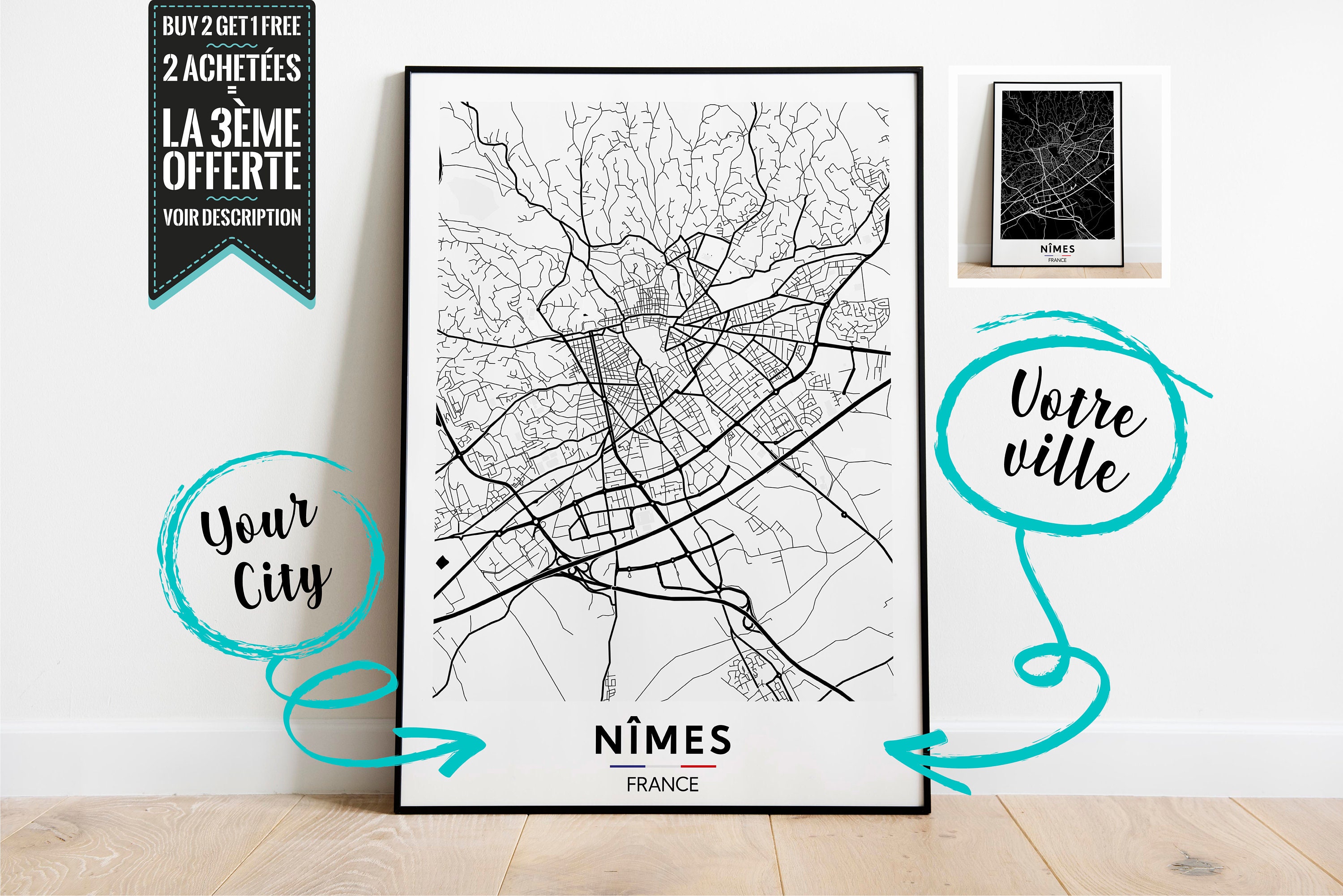 Nîmes Plan de Ville Affiche Décorative - Possibilité Personnaliser avec La Ville Ton Choix