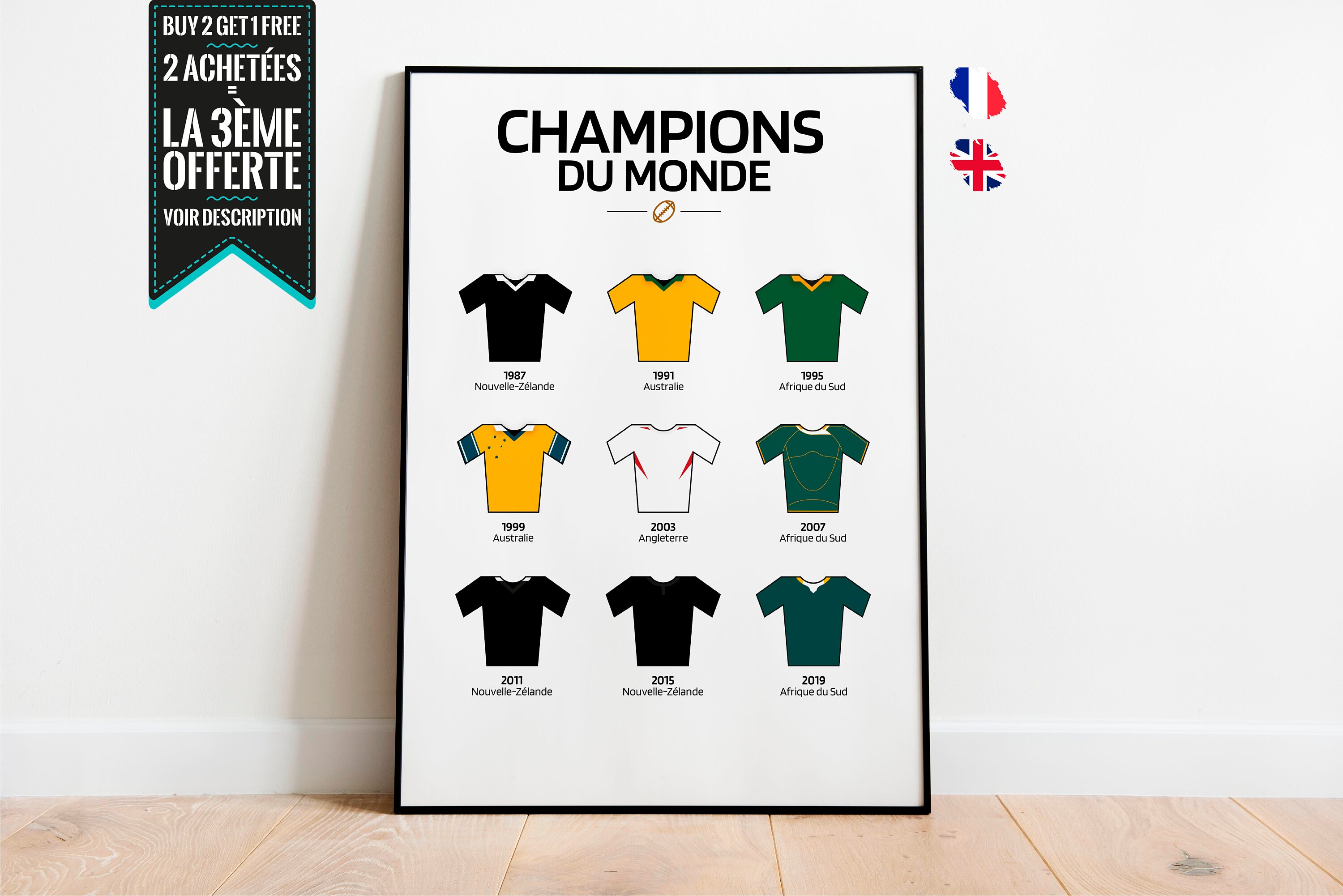 Affiche Décorative - Maillots de Tous Les Champions Du Monde Rugby