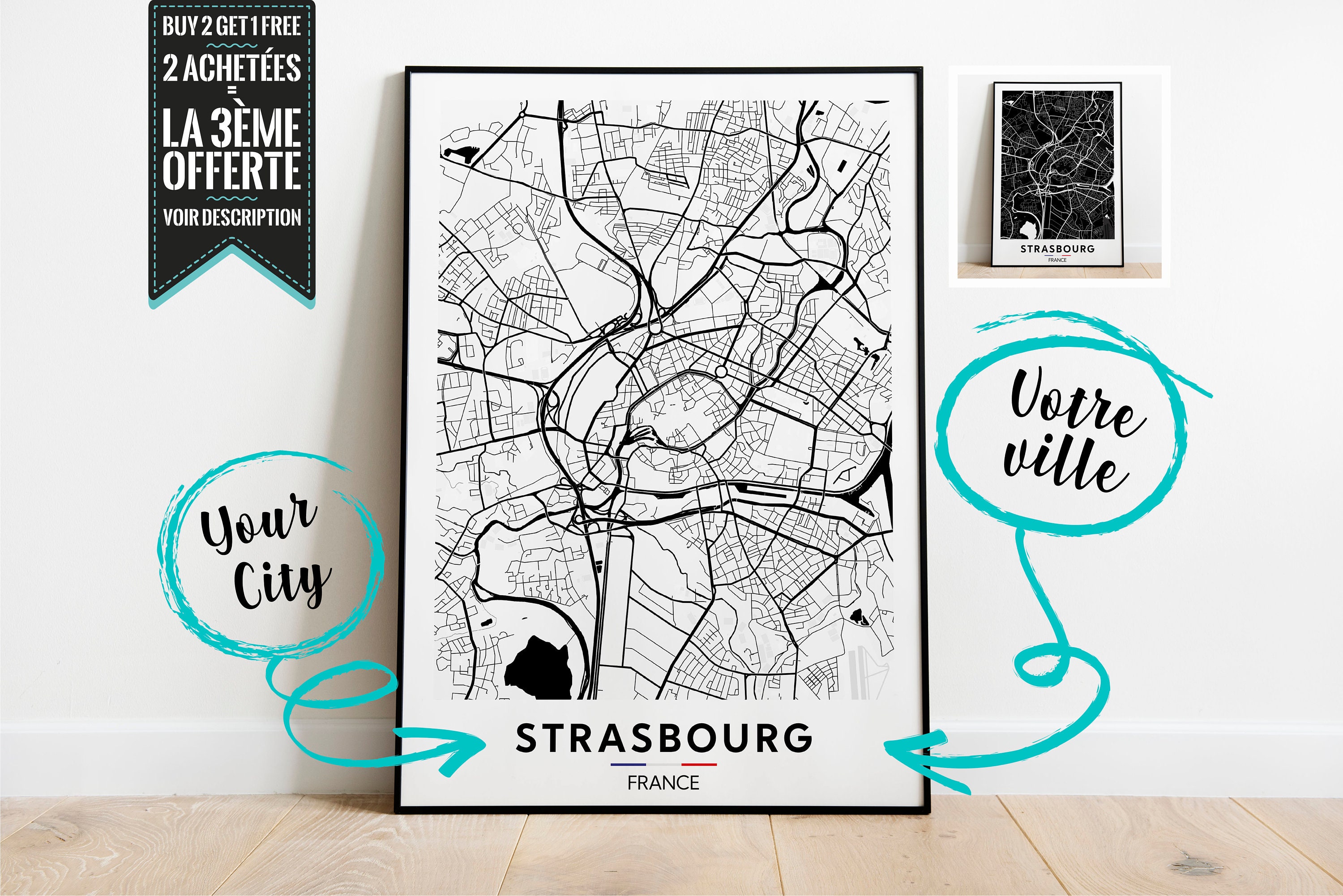 strasbourg Plan de Ville Affiche Décorative - Possibilité Personnaliser avec La Ville Ton Choix
