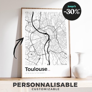 Affiche plan de Toulouse – Poster minimaliste noir et blanc de la ville de Toulouse, décoration murale moderne, idée cadeau personnalisé