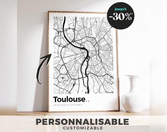 Póster del mapa de Toulouse: póster minimalista en blanco y negro de la ciudad de Toulouse, decoración de pared moderna, idea de regalo personalizada.