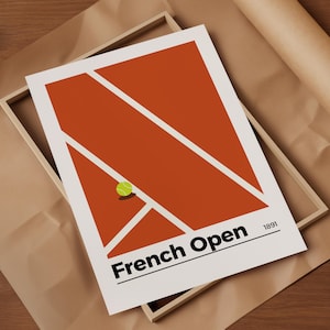 May include: A minimalist poster with a red clay tennis court and a single tennis ball. The text "French Open 1891" is at the bottom of the poster.