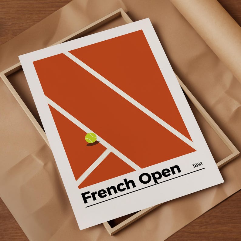 May include: A minimalist poster with a red clay tennis court and a single tennis ball. The text "French Open 1891" is at the bottom of the poster.