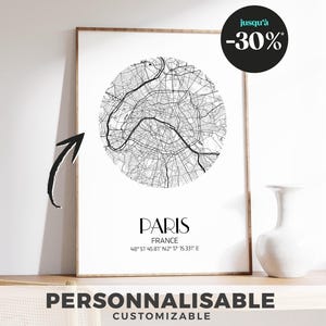 Affiche plan de Paris – Poster noir et blanc design, carte murale minimaliste de la capitale, décoration moderne et élégante de Paris