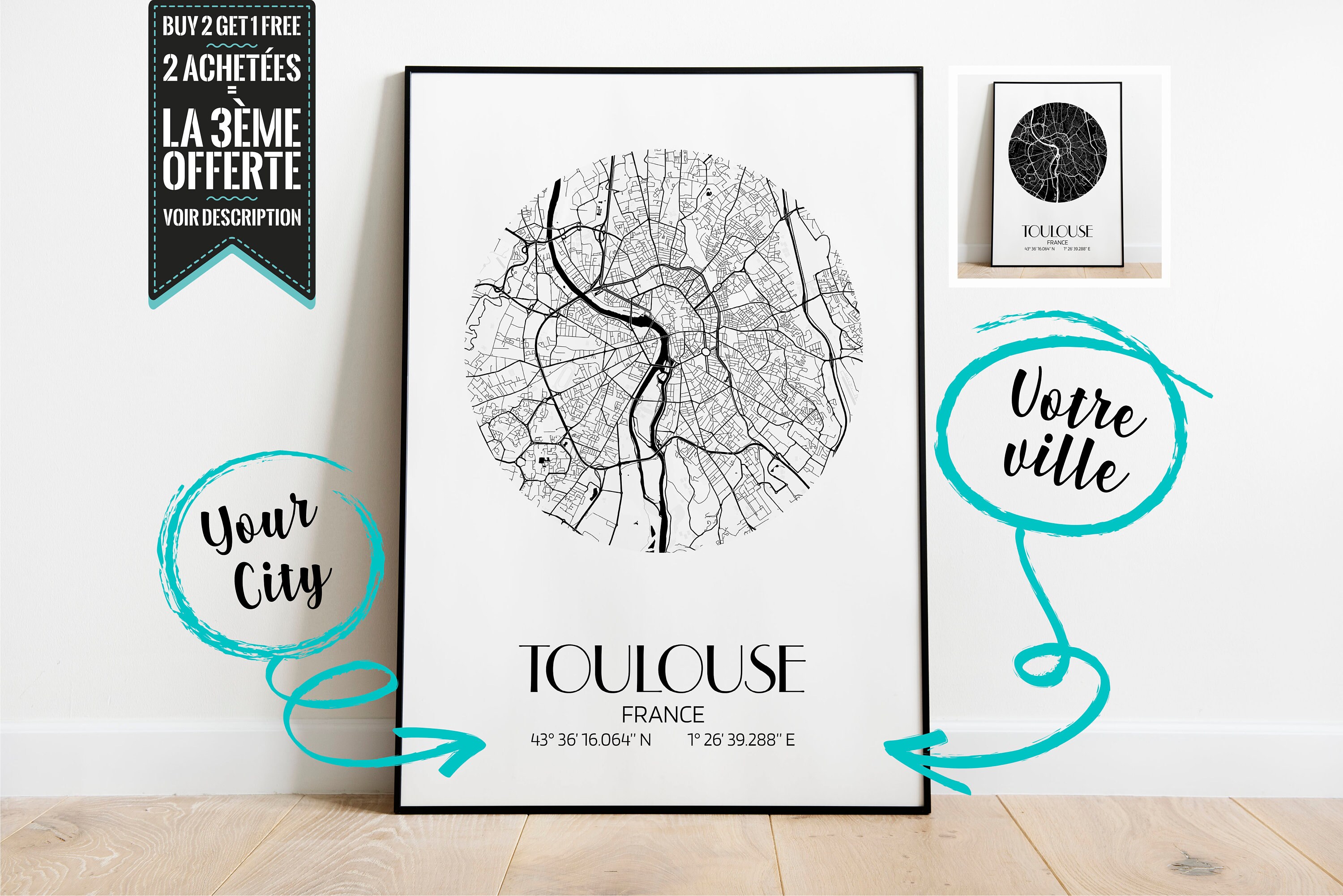 Toulouse Plan de Ville Affiche Décorative - Possibilité Personnaliser avec La Ville Ton Choix Format