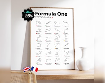 Könnte beinhalten: Ein gerahmtes Formel-1-Kalenderposter für 2027 mit schwarzen Strichzeichnungen verschiedener internationaler Rennstrecken, die jeweils mit dem Ländernamen, einer kleinen Nationalflagge und den Renndaten in einem Raster versehen sind.
