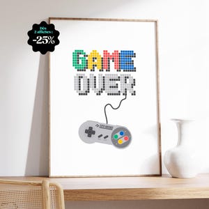 Affiche gaming Game Over, manette Super Nintendo, décoration rétro gaming