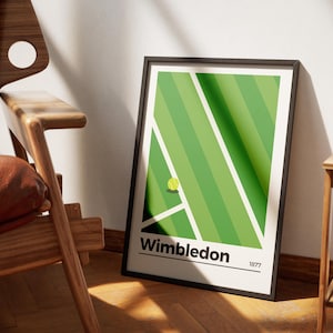 May include: A black framed poster with a green and white illustration of a tennis court. The poster says "Wimbledon 1877" at the bottom.