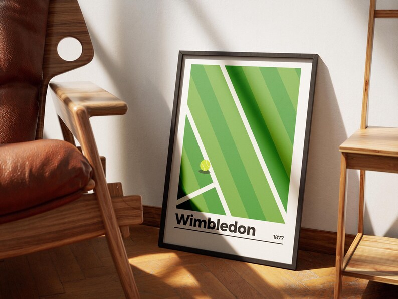 May include: A black framed poster with a green and white illustration of a tennis court. The poster says "Wimbledon 1877" at the bottom.