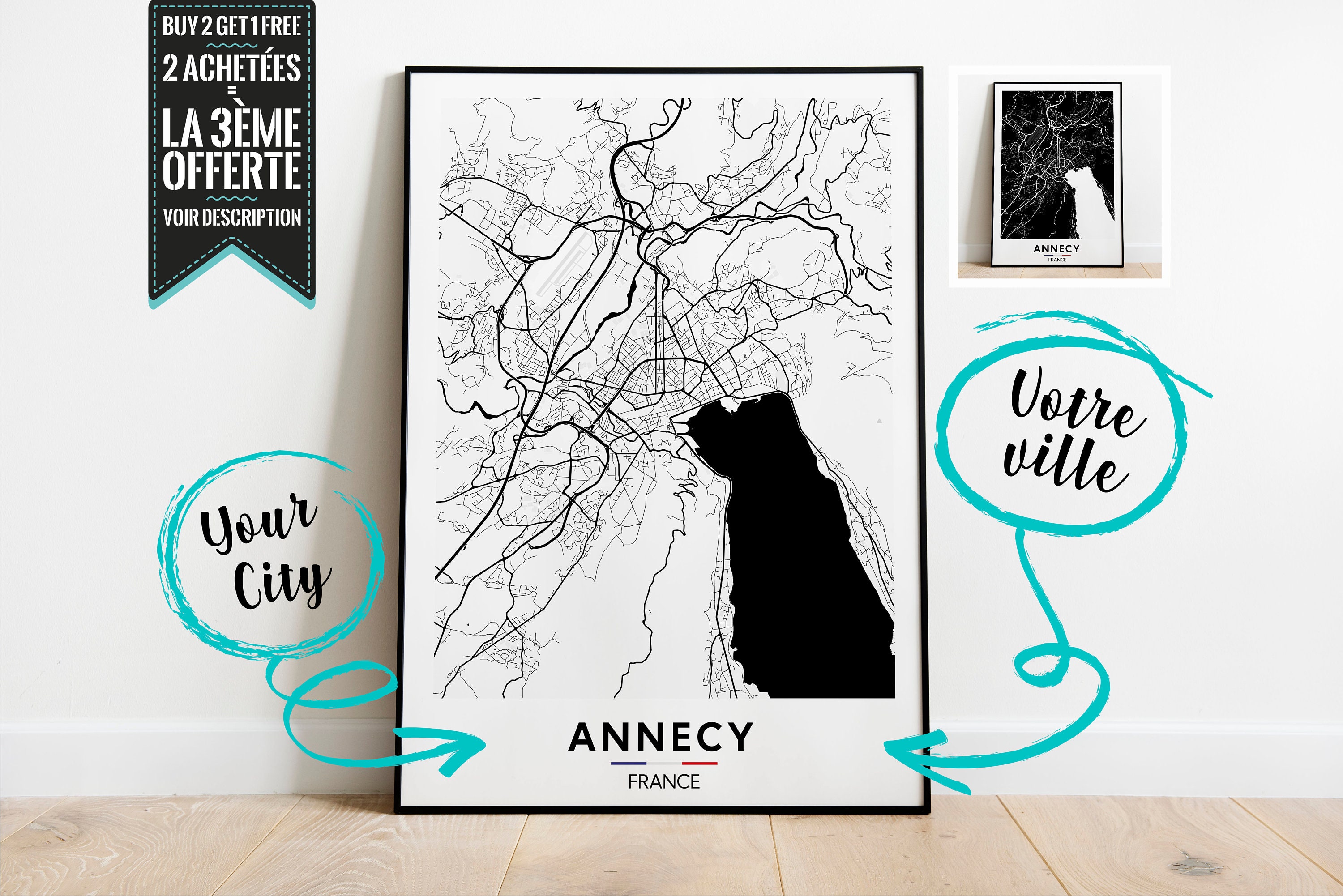 Annecy Plan de Ville Affiche Décorative - Possibilité Personnaliser avec La Ville Ton Choix