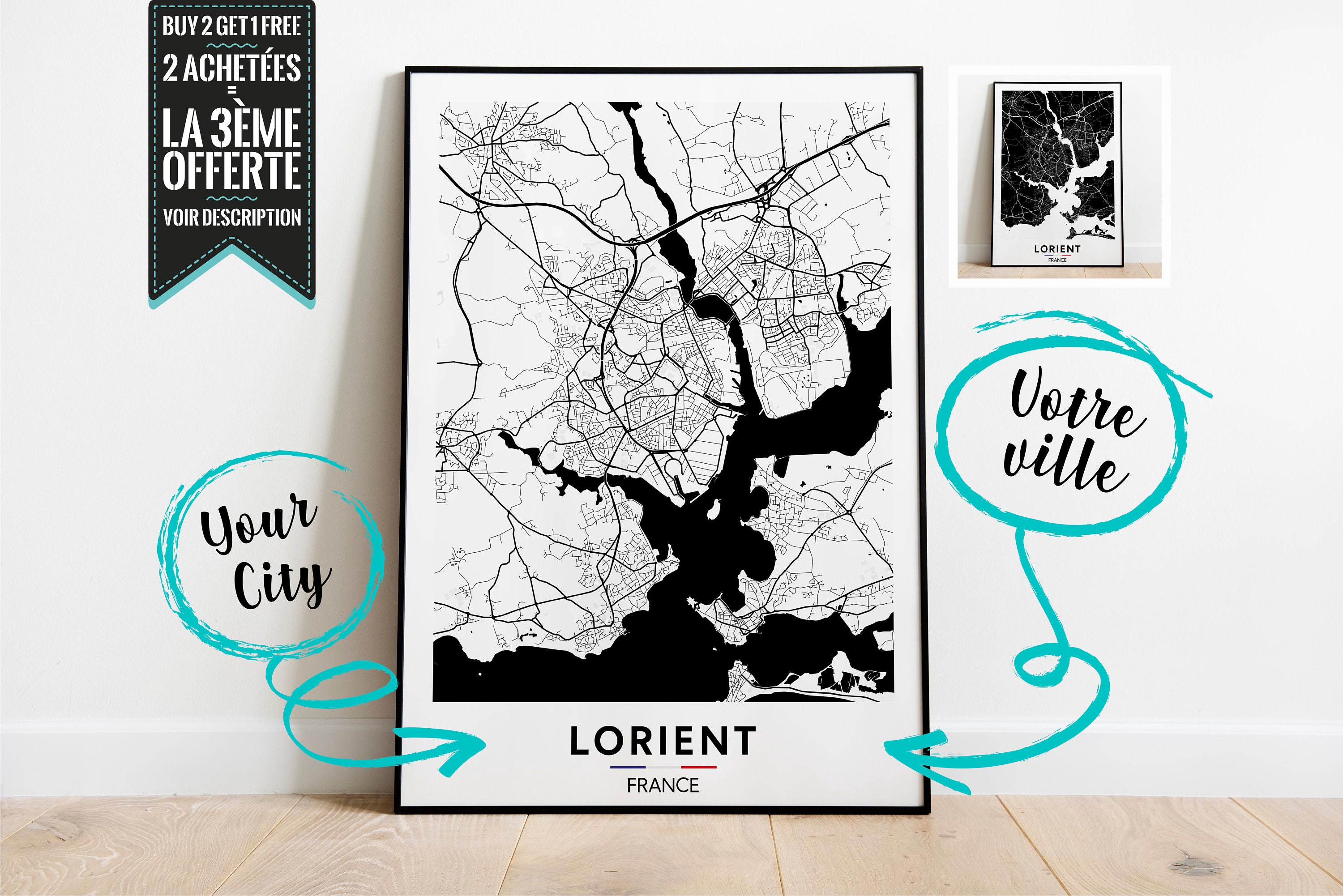 Lorient Plan de Ville Affiche Décorative - Possibilité Personnaliser avec La Ville Ton Choix