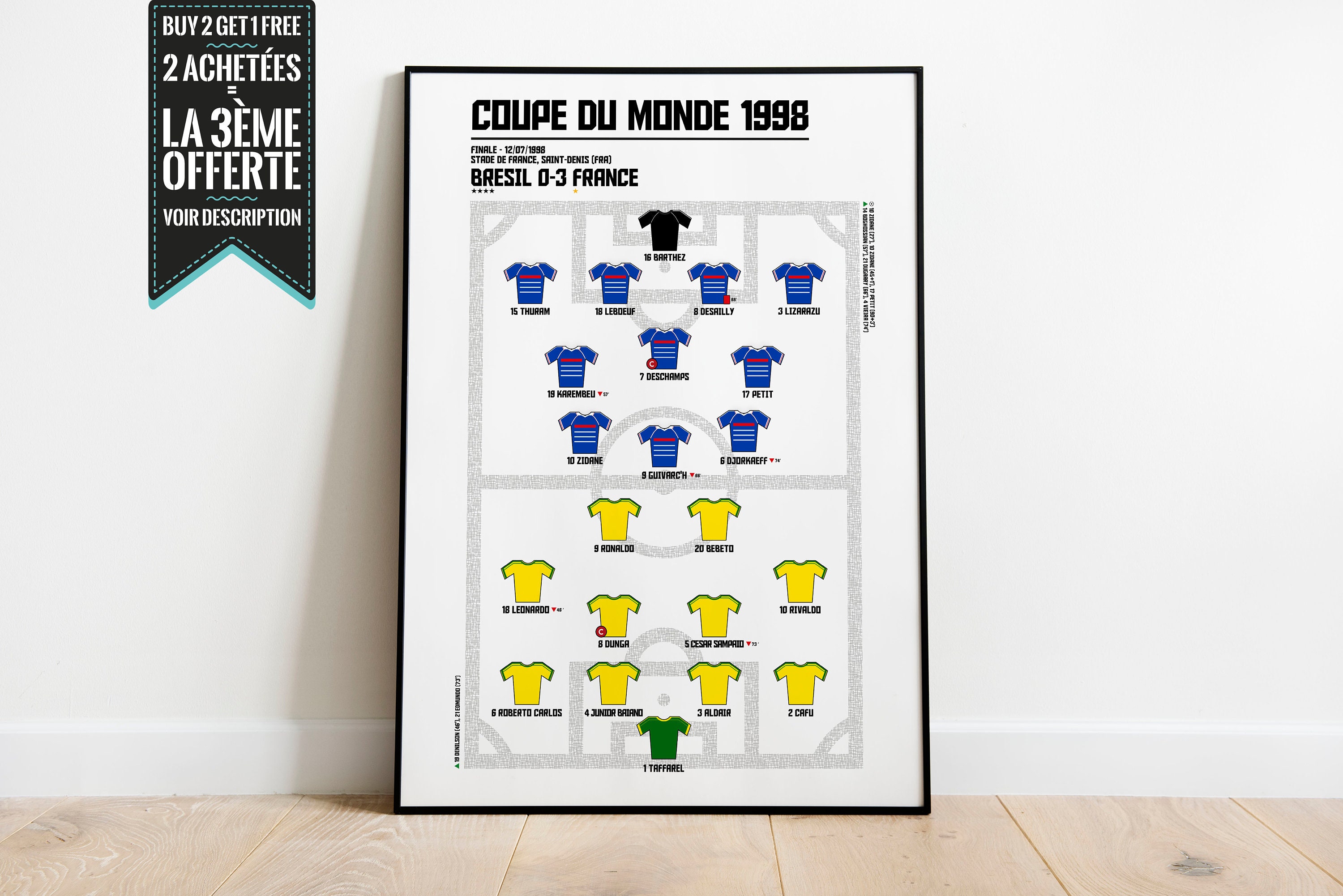 Affiche Décorative - Feuille de Match Coupe Du Monde Football Finale 1998 Bresil France