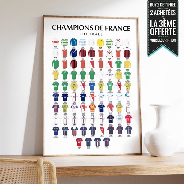Affiche  - Maillots de tous les Champions de France de football PALMARES LIGUE 1