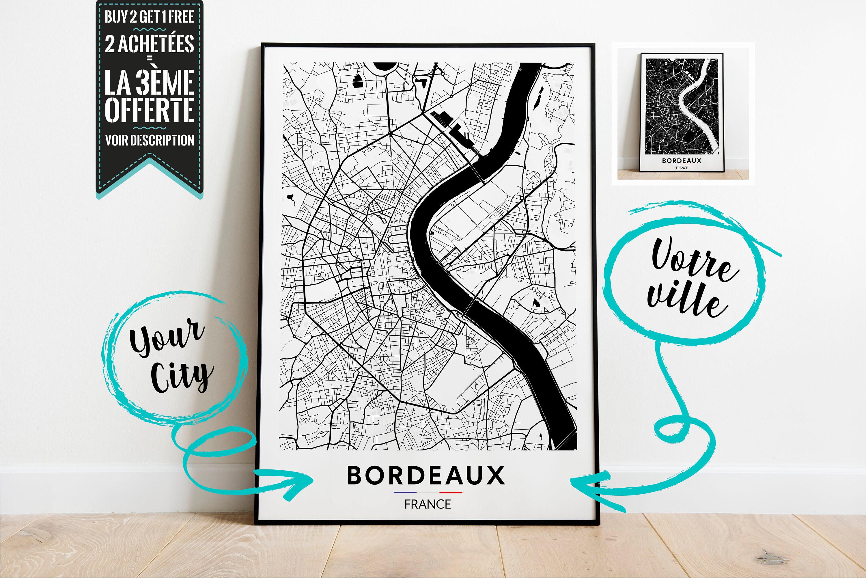Bordeaux Plan de Ville Affiche Décorative - Possibilité Personnaliser avec La Ville Ton Choix