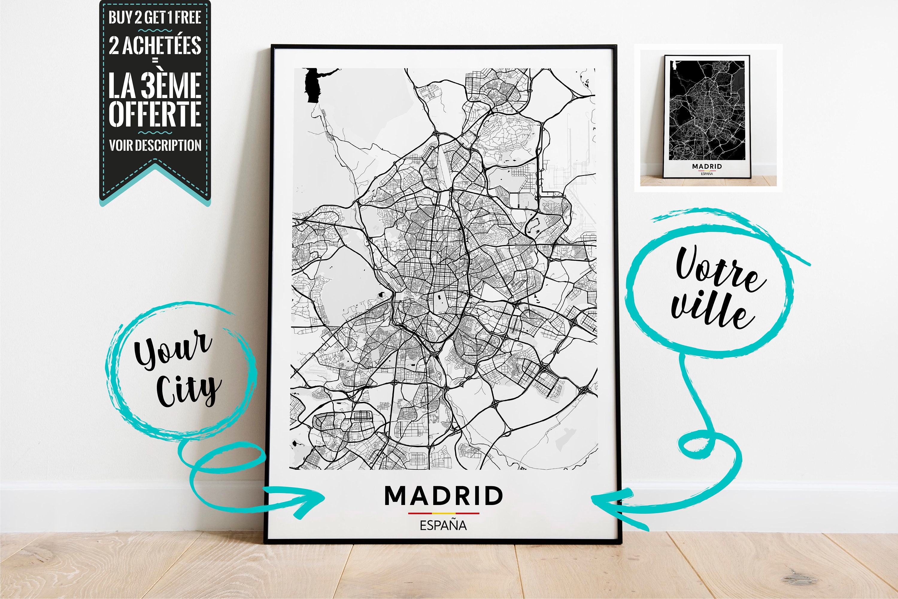 Madrid Plan de Ville Affiche Décorative - Possibilité Personnaliser avec La Ville Ton Choix