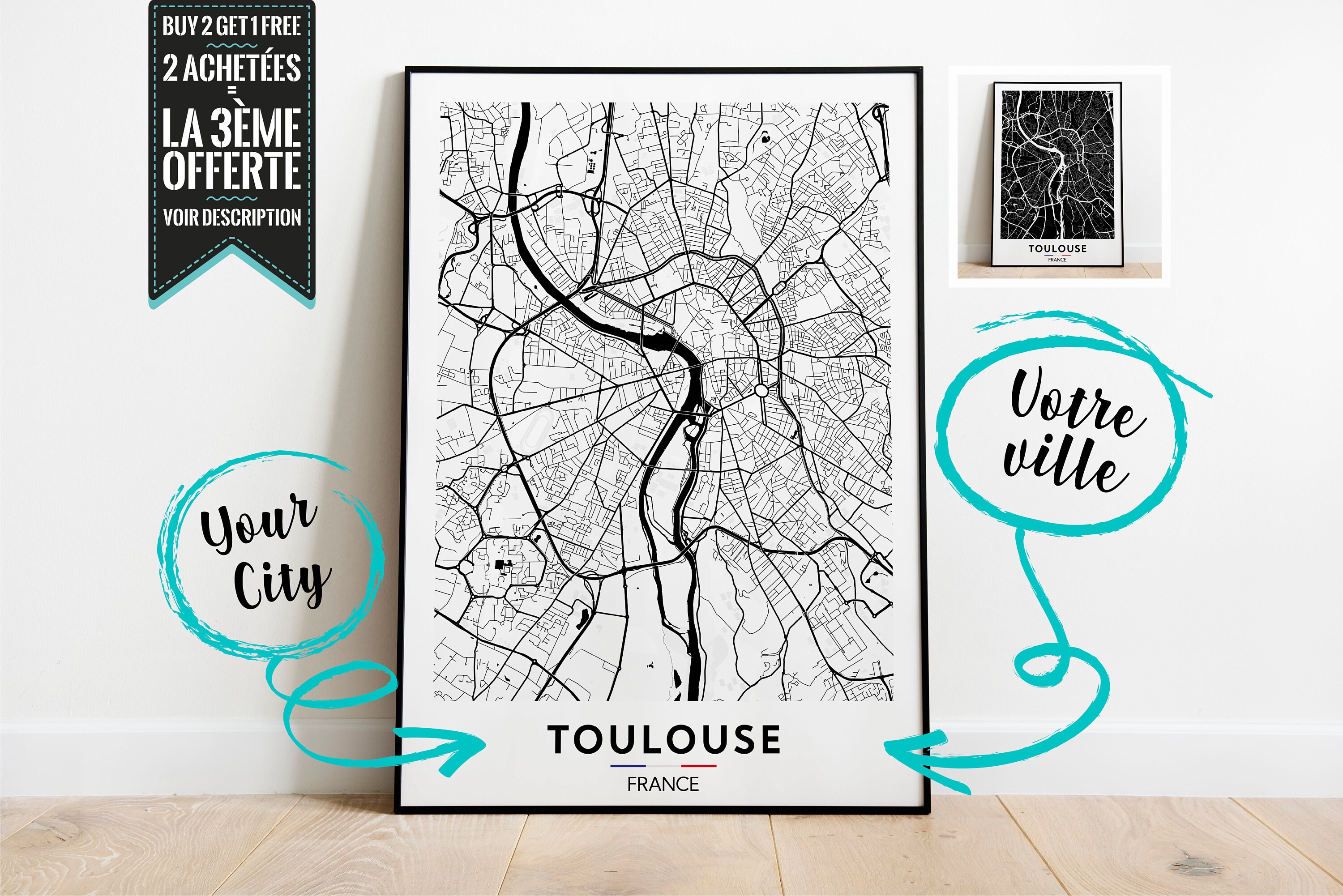 Toulouse Plan de Ville Affiche Décorative - Possibilité Personnaliser avec La Ville Ton Choix