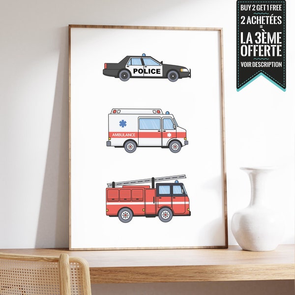 Affiche - Police Ambulance Pompiers pour chambre enfant