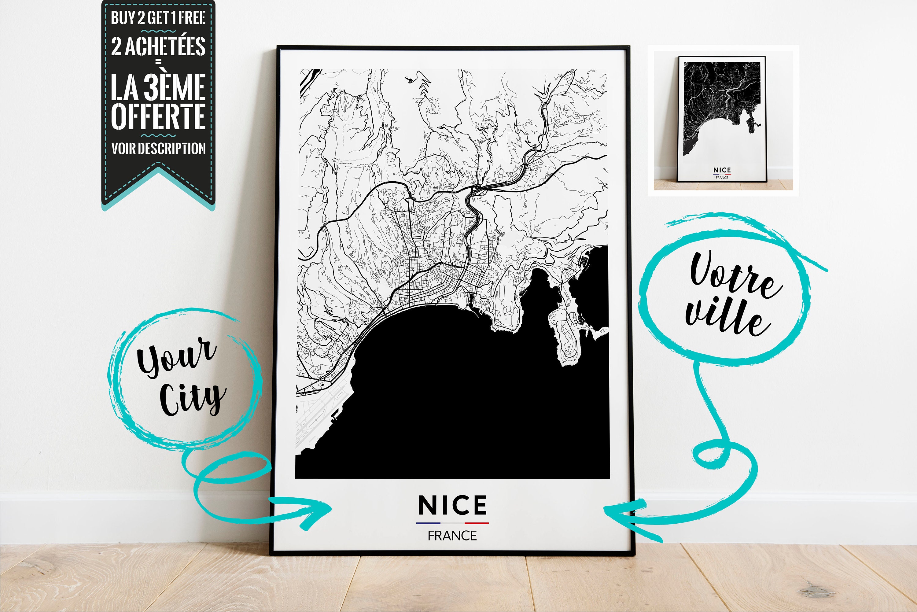 Nice Plan de Ville Affiche Décorative - Possibilité Personnaliser avec La Ville Ton Choix