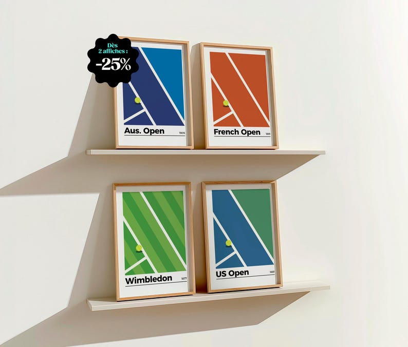 Grand Slam Tennis Poster - Illustration of the courts of Paris, Wimbledon, US Open and Australian Open image 1