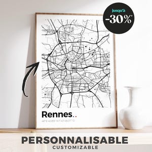 Affiche RENNES Plan de ville - Possibilité de la personnaliser avec la ville de votre choix ! / Décoration / Coordonnées GPS / Minimaliste