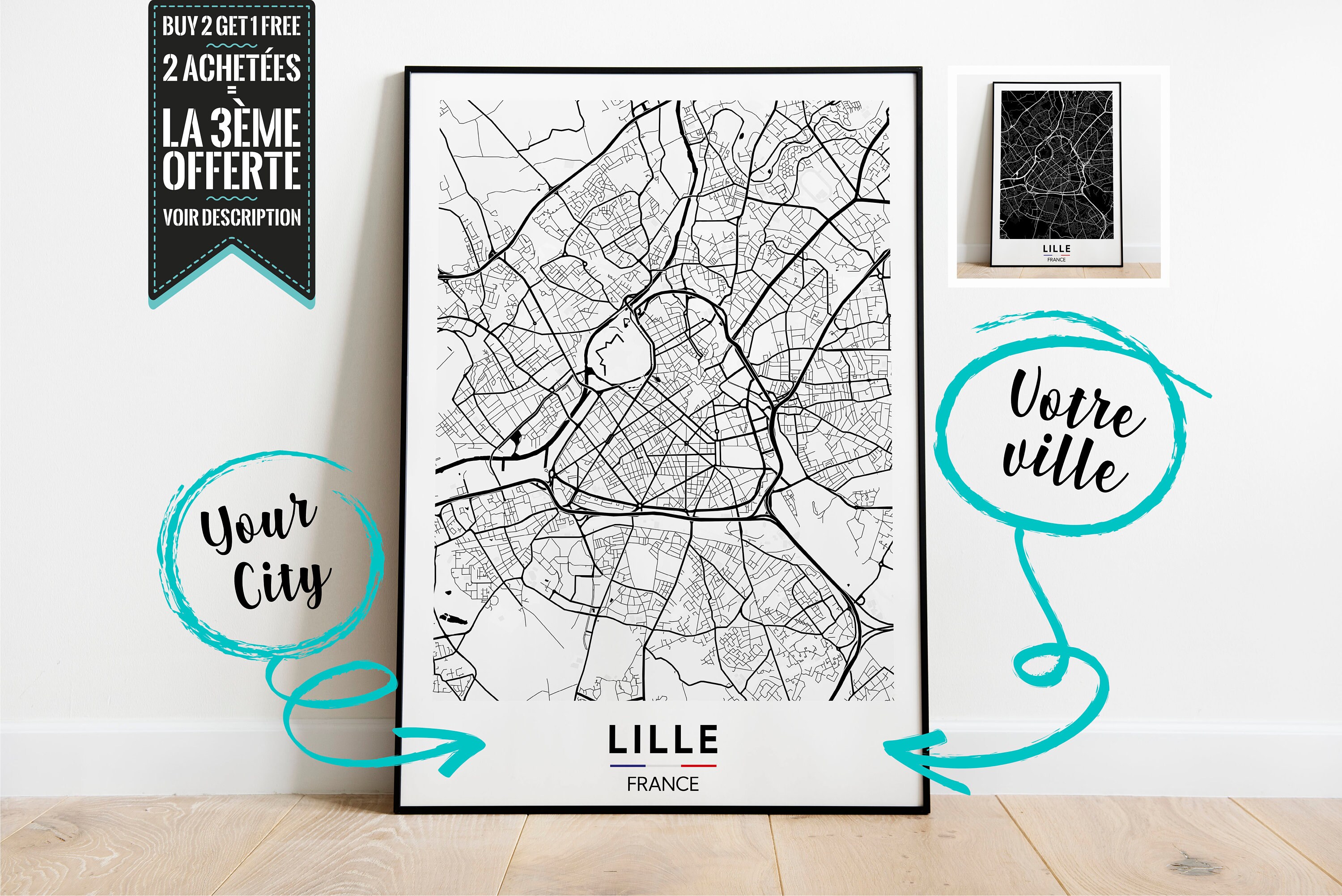 Lille Plan de Ville Affiche Décorative - Possibilité Personnaliser avec La Ville Ton Choix