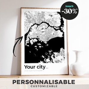 Affiche Plan de Ville Personnalisable - Choisissez votre ville préférée, design minimaliste et élégant