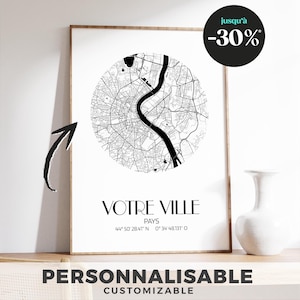 Affiche Plan de Ville Personnalisable - Choisissez votre ville préférée, design minimaliste et élégant