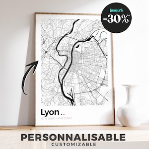 Affiche Plan de Lyon - Illustration minimaliste avec ses rues et quartiers, pour une déco originale et élégante
