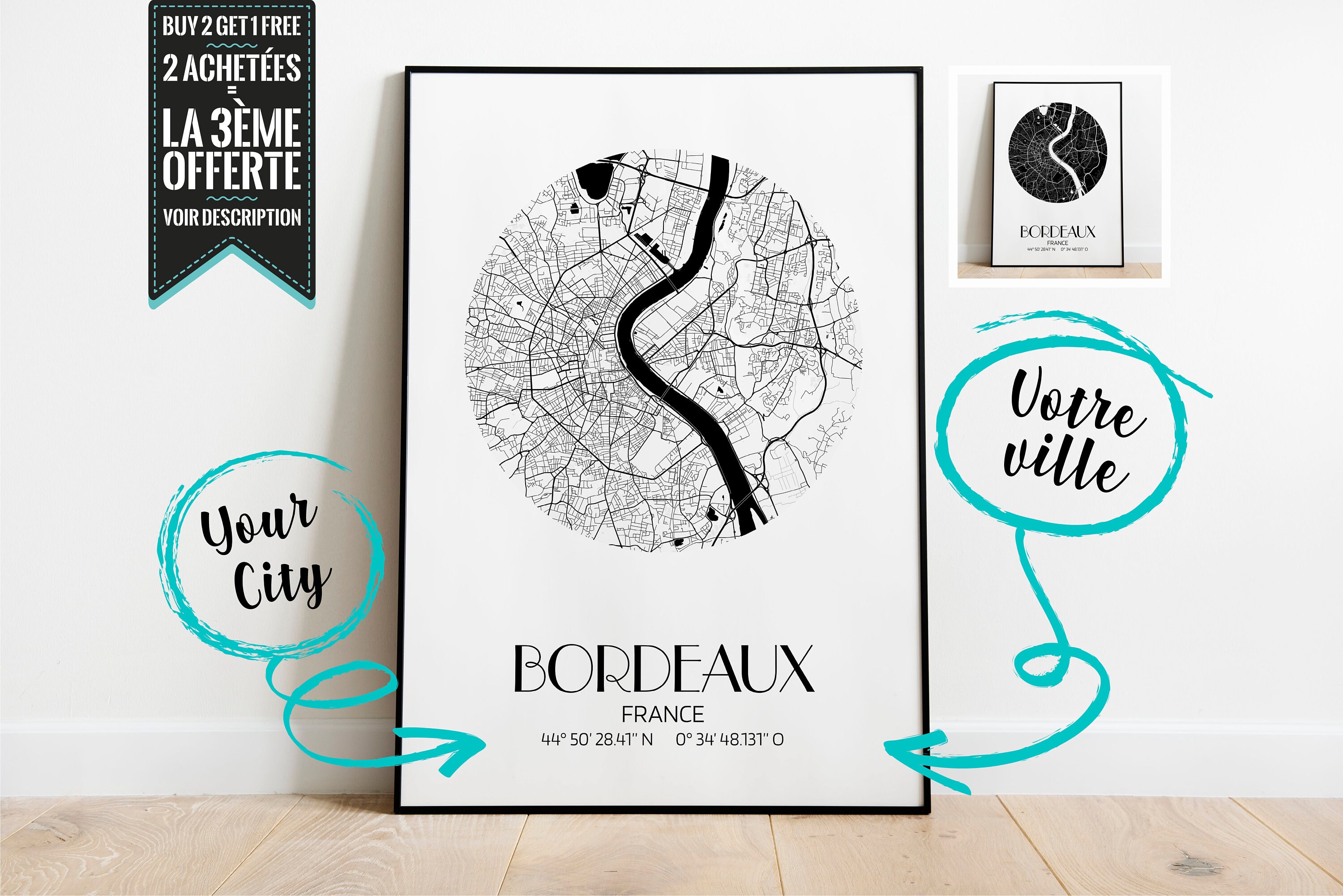 Bordeaux Plan de Ville Affiche Décorative - Possibilité Personnaliser avec La Ville Ton Choix Format